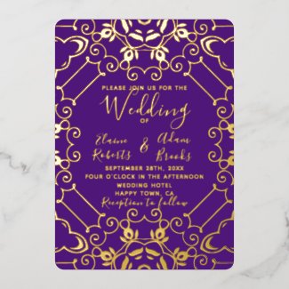 Elegant Stylized Faux Gold Frame Border On Purple Foil Invitation