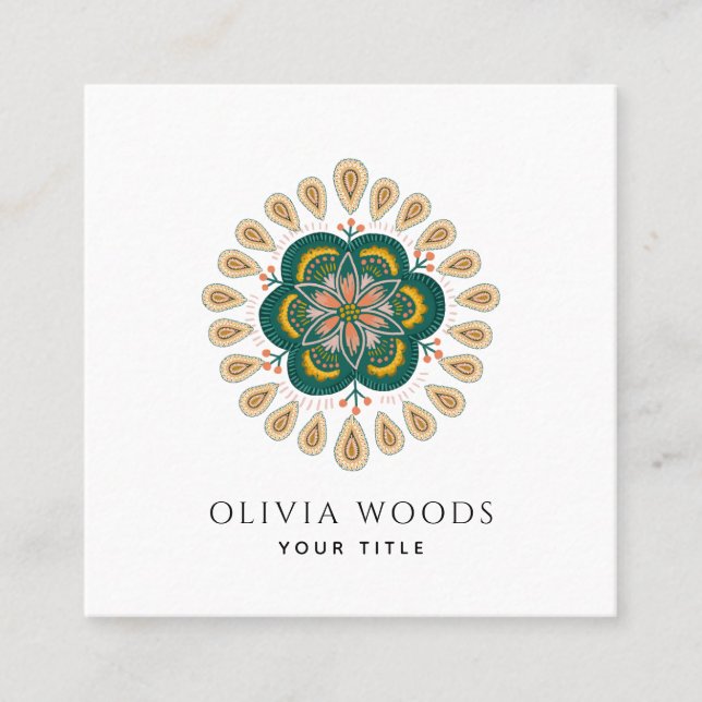 Elegant Stylized Floral Mandala  Square Business Card (Front)