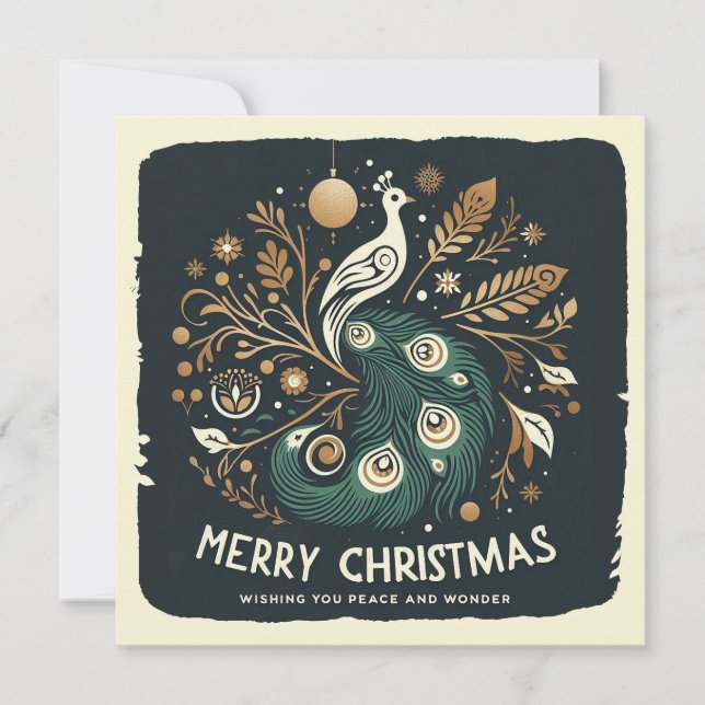 Elegant Stylized Peacock Merry Christmas  Holiday Card (Front)
