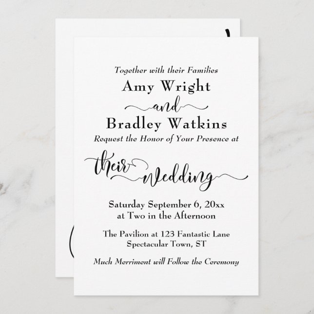 Elegant Subtle Typography, Black on White Wedding Invitation (Front/Back)