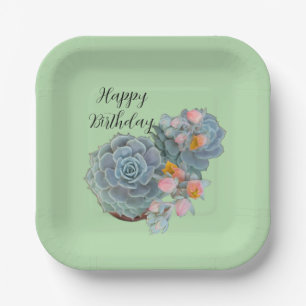 Elegant Succulent Cactus Floral "Happy Birthday" Paper Plates