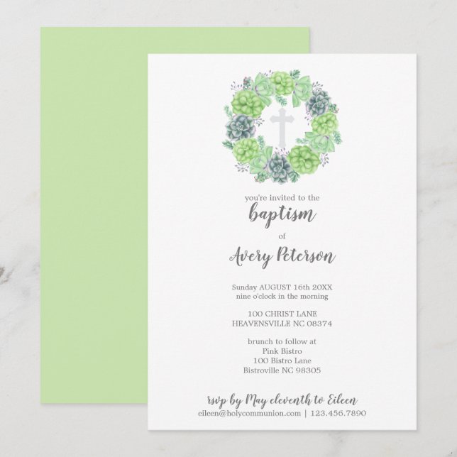 Elegant Succulent Cross Baptism Religious Invitation (Front/Back)