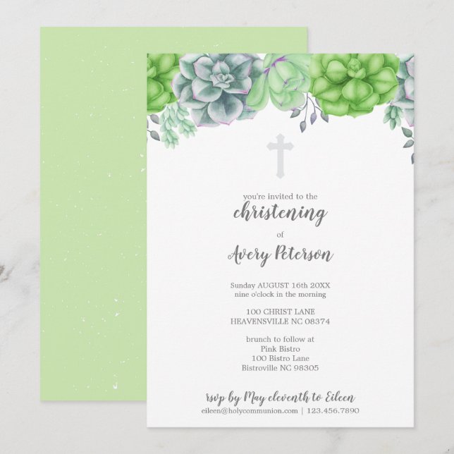 Elegant Succulent Cross Christening Religious Invitation (Front/Back)