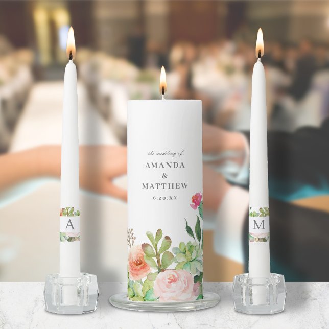 Elegant Succulent Floral Watercolor Wedding Unity  Candle Set (Creator Uploaded)