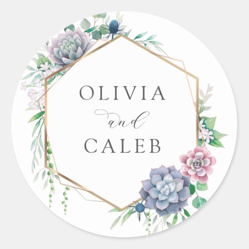 Elegant Succulent Gold Frame Wedding Classic Round Sticker