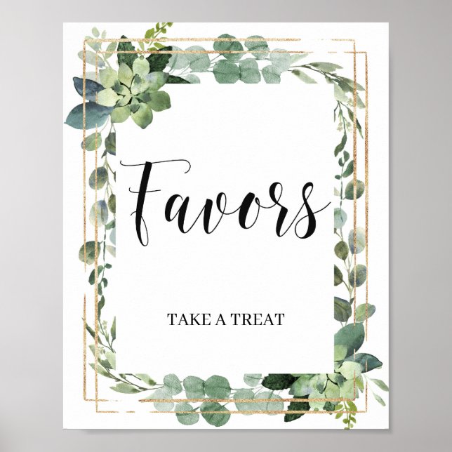 Elegant succulent greenery leaves gold favors sign (Front)