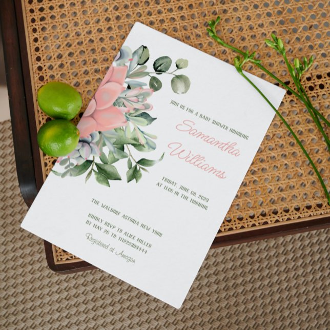 Elegant Succulent Watercolor Botanical Green Peach Invitation (Creator Uploaded)