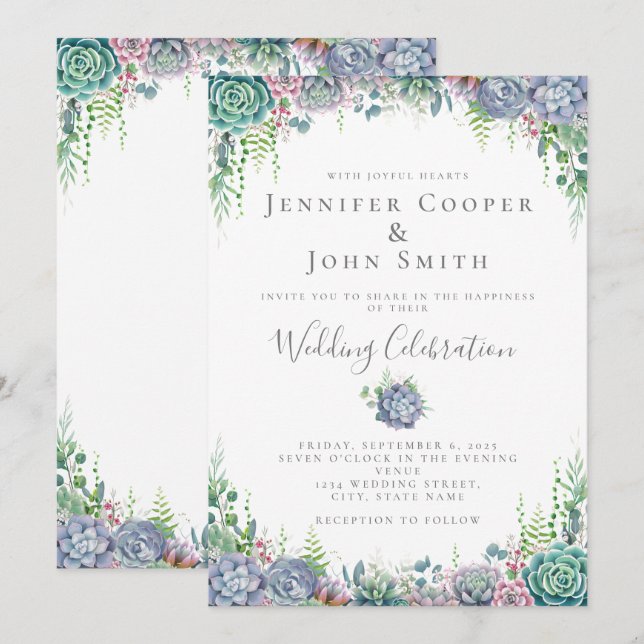 Elegant Succulent Watercolor Greenery Wedding Invitation (Front/Back)