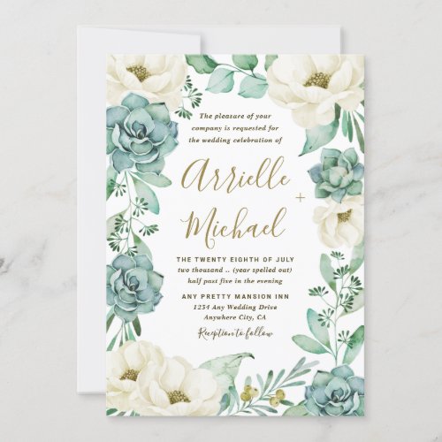 Elegant Succulent Watercolor Ivory Floral Wedding Invitation
