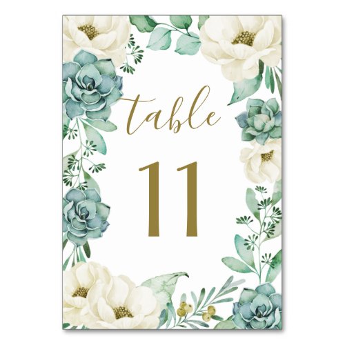 Elegant Succulent Watercolor Ivory Floral Wedding Table Number