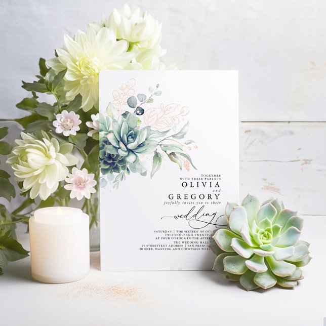 Elegant Succulents and Rose Gold Greenery Wedding Foil Invitation (Succulents and Rose Gold Greenery Real Foil Wedding Invitations)