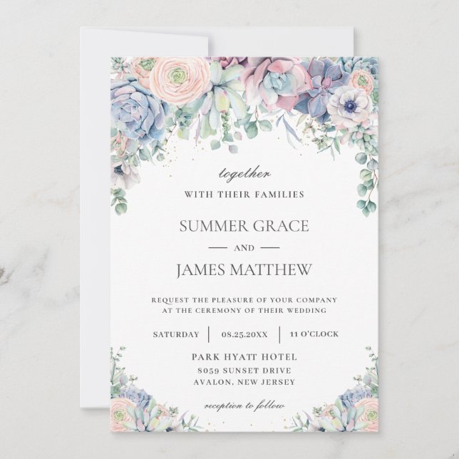Elegant Succulents Blush Floral Greenery Wedding  Invitation (Front)