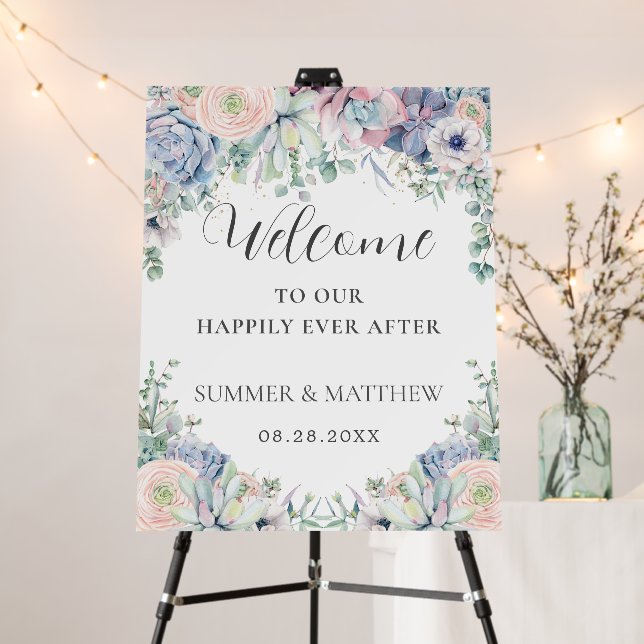 Elegant Succulents Blush Floral Wedding Welcome Foam Board (In Situ (Stand))
