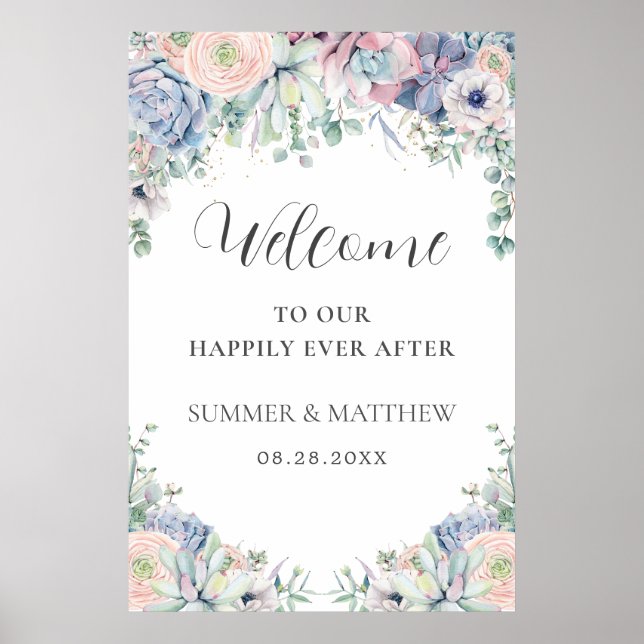 Elegant Succulents Blush Floral Wedding Welcome Poster (Front)