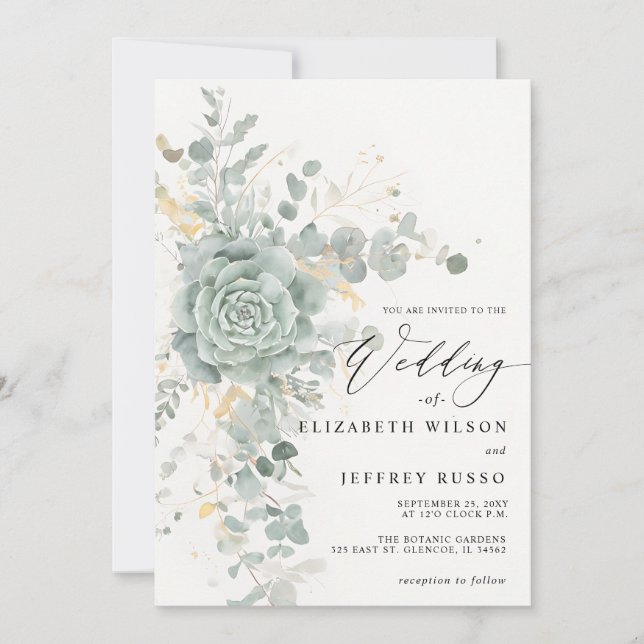 Elegant Succulents Gold Greenery Wedding  Invitation (Front)