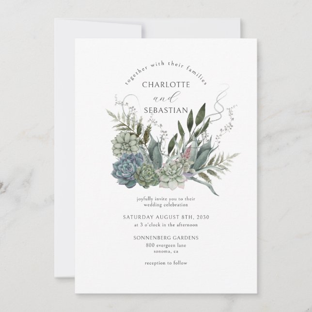 Elegant Succulents Painted Floral Wedding Invitation (Front)