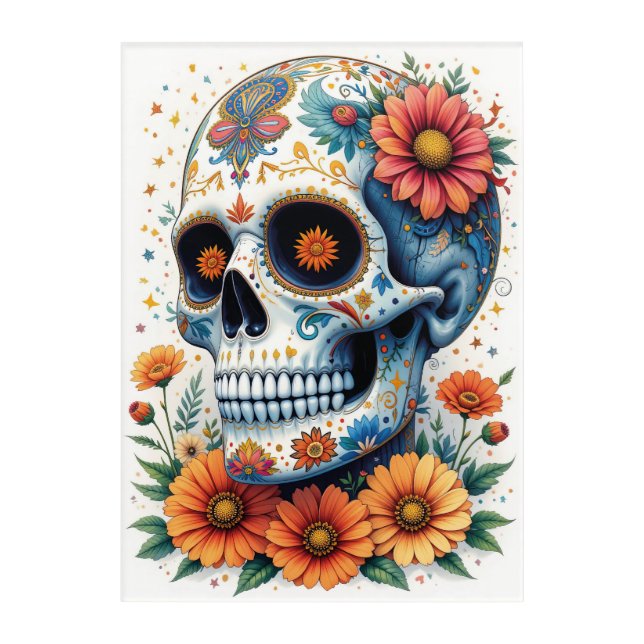 Elegant Sugar Skull with Flowers  Acrylic Print (Front)