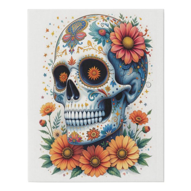 Elegant Sugar Skull with Flowers  Faux Canvas Print (Front)