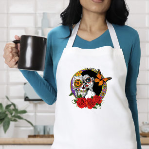 Elegant Sugar Skulls Monarch Red Roses Art Nouveau Adult Apron
