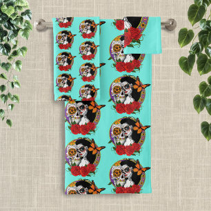 Elegant Sugar Skulls Monarch Red Roses Art Nouveau Bath Towel Set