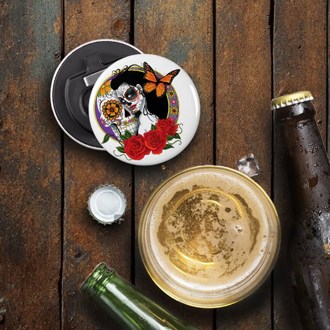 Elegant Sugar Skulls Monarch Red Roses Art Nouveau Bottle Opener (Creator Uploaded)