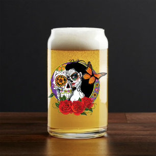 Elegant Sugar Skulls Monarch Red Roses Art Nouveau Can Glass