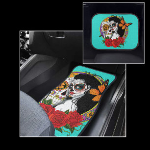 Elegant Sugar Skulls Monarch Red Roses Art Nouveau Car Mat