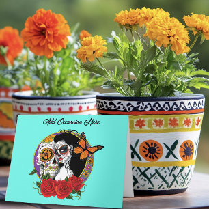 Elegant Sugar Skulls Monarch Red Roses Art Nouveau Card