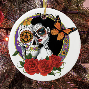 Elegant Sugar Skulls Monarch Red Roses Art Nouveau Ceramic Ornament