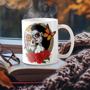 Elegant Sugar Skulls Monarch Red Roses Art Nouveau Coffee Mug