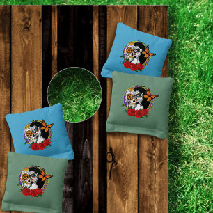 Elegant Sugar Skulls Monarch Red Roses Art Nouveau Cornhole Bags