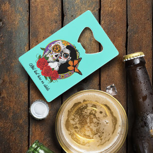 Elegant Sugar Skulls Monarch Red Roses Art Nouveau Credit Card Bottle Opener
