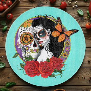 Elegant Sugar Skulls Monarch Red Roses Art Nouveau Cutting Board