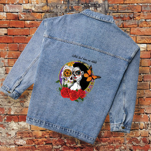 Elegant Sugar Skulls Monarch Red Roses Art Nouveau Denim Jacket