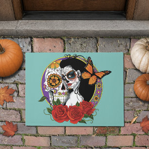 Elegant Sugar Skulls Monarch Red Roses Art Nouveau Doormat