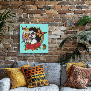 Elegant Sugar Skulls Monarch Red Roses Art Nouveau Faux Canvas Print