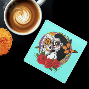 Elegant Sugar Skulls Monarch Red Roses Art Nouveau Glass Coaster