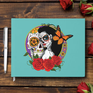Elegant Sugar Skulls Monarch Red Roses Art Nouveau Guest Book