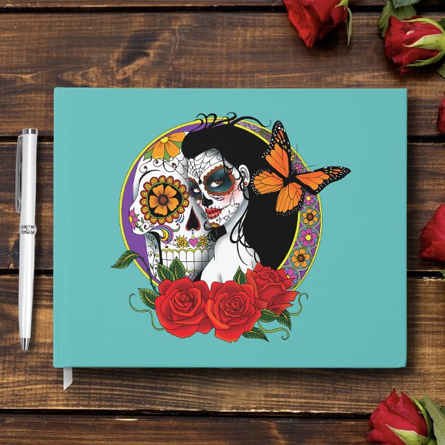 Elegant Sugar Skulls Monarch Red Roses Art Nouveau Guest Book (Creator Uploaded)