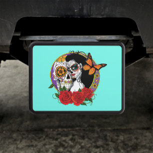 Elegant Sugar Skulls Monarch Red Roses Art Nouveau Hitch Cover