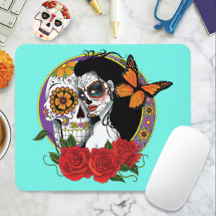 Elegant Sugar Skulls Monarch Red Roses Art Nouveau Mouse Pad