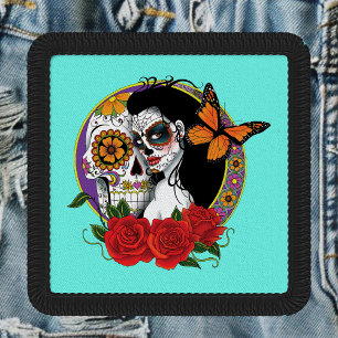 Elegant Sugar Skulls Monarch Red Roses Art Nouveau Patch