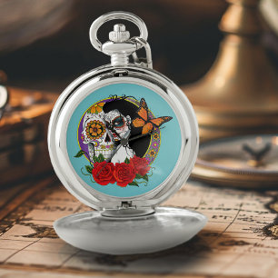 Elegant Sugar Skulls Monarch Red Roses Art Nouveau Pocket Watch