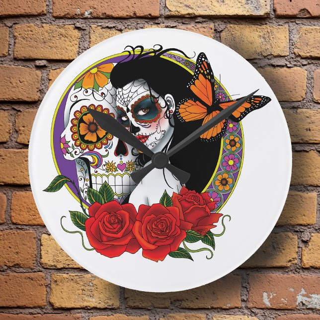 Elegant Sugar Skulls Monarch Red Roses Art Nouveau Round Clock (Creator Uploaded)