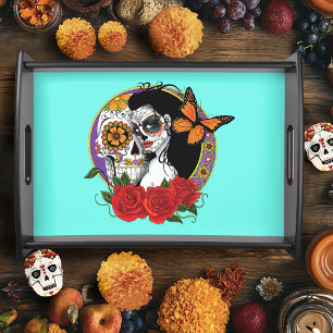 Elegant Sugar Skulls Monarch Red Roses Art Nouveau Serving Tray