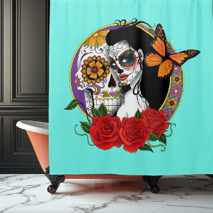 Elegant Sugar Skulls Monarch Red Roses Art Nouveau Shower Curtain