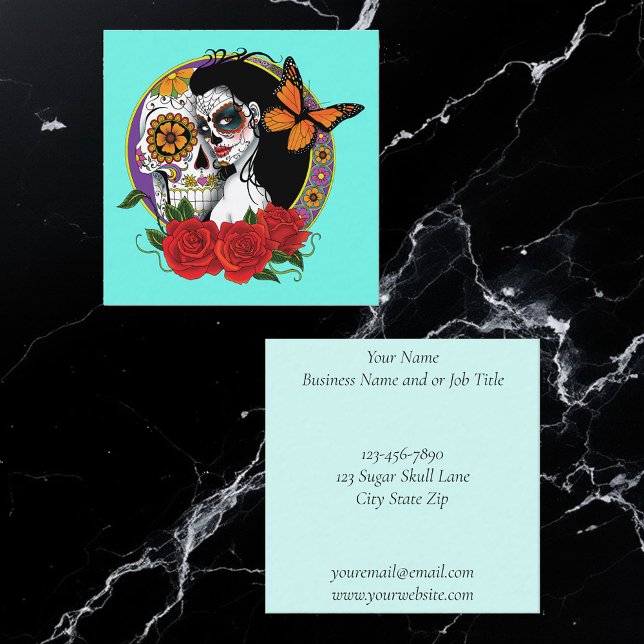 Elegant Sugar Skulls Monarch Red Roses Art Nouveau Square Business Card (Creator Uploaded)