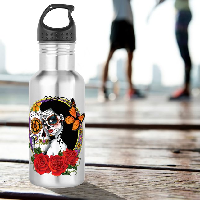 Elegant Sugar Skulls Monarch Red Roses Art Nouveau Stainless Steel Water Bottle (Creator Uploaded)