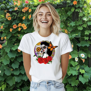 Elegant Sugar Skulls Monarch Red Roses Art Nouveau T-Shirt