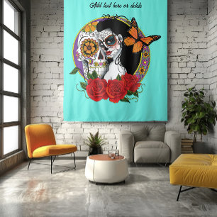 Elegant Sugar Skulls Monarch Red Roses Art Nouveau Tapestry